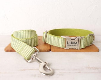 Green Shepherd Check Personalized Dog Collar and Leash - Personalised Dog Collar and Leash - Green Plaid Customised Dog Collar& Bow Tie