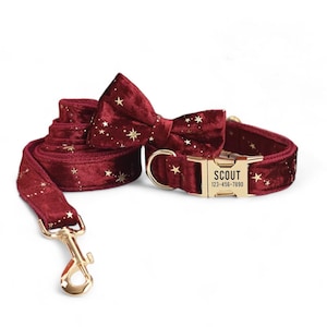 Starry Red Velvet Personalized Collar and Leash | Velvet Dog Collar, Leash and Bow Tie | Red Cute Dog Collar | Matching Dog Collar & Leash