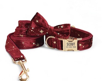 Collar y correa personalizados de terciopelo rojo estrellado / Collar, correa y pajarita de terciopelo para perro / Collar rojo bonito para perro / Collar y correa para perro a juego