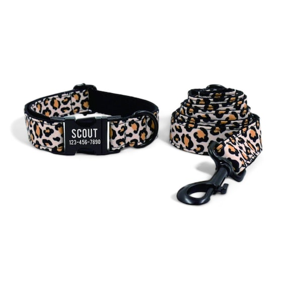 Leopard Print Personalized Dog Collar and Leash - Engraved Dog Collar & Lead - Cheetah Leopard Animal Print Dog Collar and Matching Bow Tie