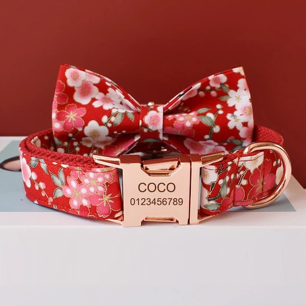 Sakura Flowers Personalized Collar and Leash | Floral Dog Collar, Leash and Bow Tie | Cute Dog Collar | Sakura Matching Dog Collar & Leash