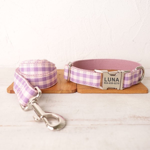 Purple & Pink Check Plaid Personalized Dog Collar and Leash - Personalised Dog Collar and Leash - Violet Customised Dog Collar and Bow Tie