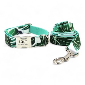 Fan Leaves Personalized Dog Collar and Leash - Tropical Jungle Leaf Engraved Dog Collar and Lead - Green Graden Dog Collar with Bow Tie
