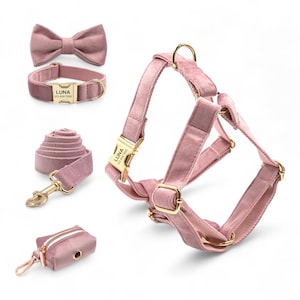 Frosting Pink Velvet Harness Collar Leash Bow Tie Poo Bag Set | Personalised Dog Harness with Leash | Matching Dog Collar Leash Harness