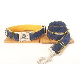 Blue & Yellow Denim Jeans Personalized Dog Collar and Leash - Blue Jeans Engraved Dog Collar and Lead - Matching Denim Collar and Bow Tie