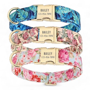 Vintage Floral Pattern Personalized Dog Collar and Leash - Pink Flowers Engraved Dog Collar & Leash - Girl Dog Collar with Blue Flowers