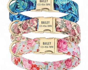 Vintage Floral Pattern Personalized Dog Collar and Leash - Pink Flowers Engraved Dog Collar & Leash - Girl Dog Collar with Blue Flowers