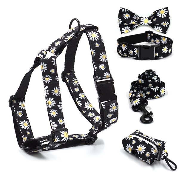 Personalized Daisies Harness Collar Leash Bow Tie Poo Bag Set | Personalised Dog Harness & Leash | Matching Daisy Dog Collar Leash Harness