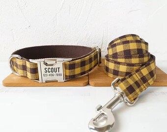 Brązowo-żółta kratka personalizowana obroża i smycz dla psa - grawerowana kratka obroża i smycz dla psa - muszka dla psa w kratkę Gingham Shepherd