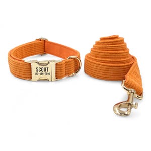 Orange Corduroy Personalized Dog Collar and Leash - Luxury Corduroy Personalised Dog Collar and Leash - Customised Dog Collar and Bow Tie