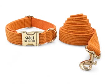 Collar y correa de pana naranja personalizados para perro - Collar y correa de pana de lujo personalizados para perro - Collar y pajarita personalizados para perro
