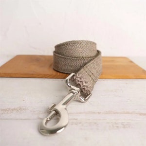 May include: A brown and beige herringbone patterned dog leash with a silver metal clip.