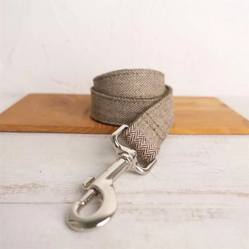 May include: A brown and beige herringbone patterned dog leash with a silver metal clip.