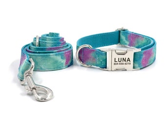 Collier et laisse pour chien personnalisés Aurora - Collier et laisse pour chien personnalisés - Collier pour chien et noeud papillon personnalisés galaxie