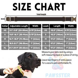 May include: Size chart for dog collars and leashes. The chart shows adjustable lengths in inches and centimeters, as well as width in inches and centimeters. The chart includes sizes XS, S, M, L, and XL. The chart also includes a picture of a black dog wearing a yellow measuring tape around its neck.