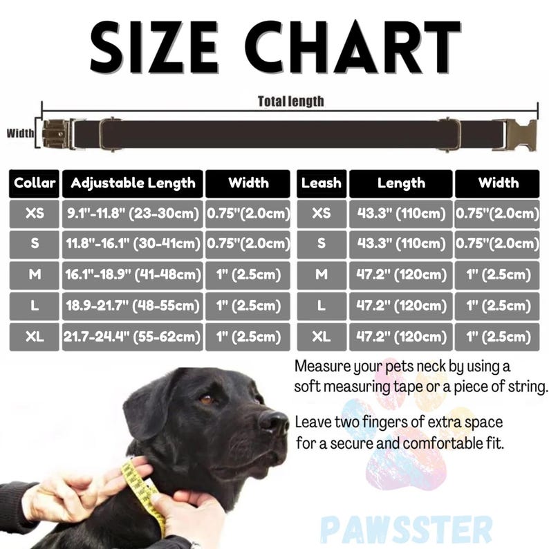 May include: Size chart for dog collars and leashes. The chart shows adjustable lengths in inches and centimeters, as well as width in inches and centimeters. The chart includes sizes XS, S, M, L, and XL. The chart also includes a picture of a black dog wearing a yellow measuring tape around its neck.