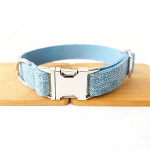 Puede incluir: Un collar para perro de mezclilla azul claro con una hebilla plateada.
