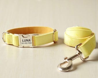 Lemon Yellow Velvet Dog Set: Personalized Collar, Leash & Bow Tie