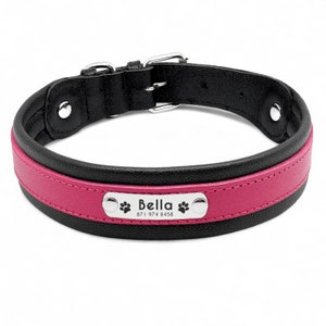 K&ouml;nnte beinhalten: Schwarzes Lederhundekragen mit rosa Akzent und einem silbernen Namensschild mit der Aufschrift "Bella" und einer Telefonnummer.