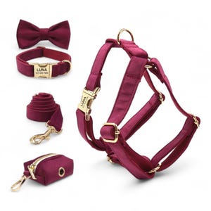 Personalized Burgundy Velvet Harness Collar Leash Bow Tie Set | Red Personalised Dog Harness with Leash | Matching Dog Collar Leash Harness