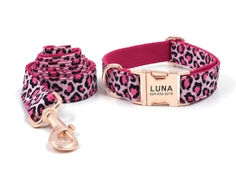 Collare e guinzaglio per cani personalizzati con stampa leopardata rosa - Collare e guinzaglio e papillon personalizzati per cani - Collare per cani leopardo / Collari per cani carini