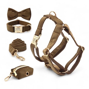 Personalized Brown Velvet Harness Collar Leash Bow Tie Poo Bag Set | Personalised Dog Harness with Leash | Matching Dog Collar Leash Harness
