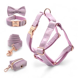 Personalized Plum Purple Velvet Harness Collar Leash Bow Tie Poo Bag Set | Personalised Dog Harness & Leash |Matching Dog Collar and Harness