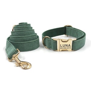 Green Corduroy Personalized Dog Collar and Leash - Luxury Corduroy Personalised Dog Collar and Leash - Customised Dog Collar and Bow Tie