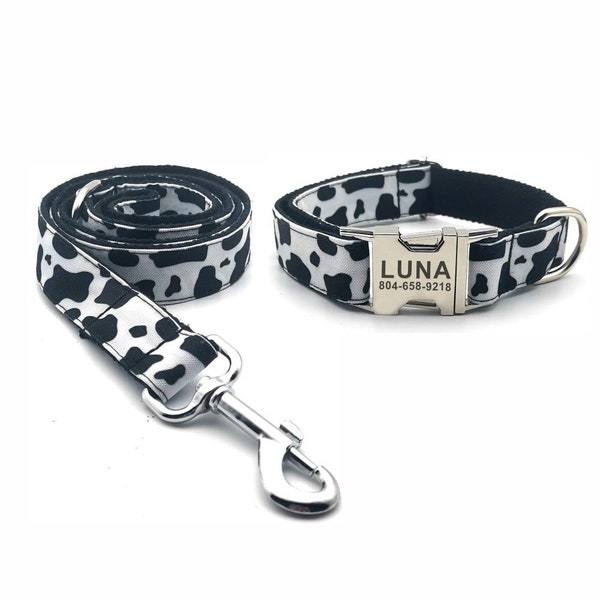 Cow Print Personalized Dog Collar and Leash / Cow Personalised Dog Collar & Leash / Customized Dog Collar