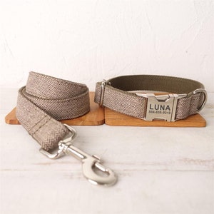 Light Brown Zig-Zag Tweed Personalized Dog Collar and Leash - Personalised Dog Collar and Leash - Customised Dog Collar