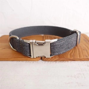 May include: A gray herringbone patterned dog collar with a silver buckle.