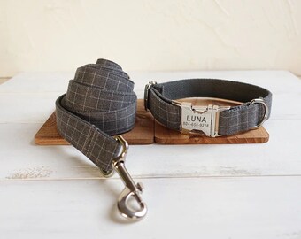 Grey Plaid Suit Personalized Dog Collar and Leash - Personalised Dog Collar and Leash - Grey Plaid Customised Dog Collar and Bow Tie