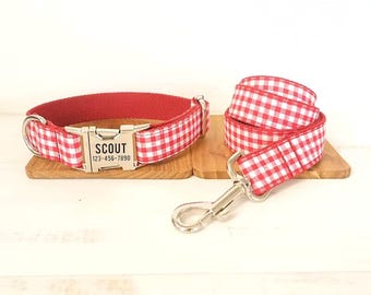 Red & White Check Plaid Personalized Dog Collar and Leash - Checkered Dog Collar and Lead- Pink Checks Dog Collar and Matching Bow Tie