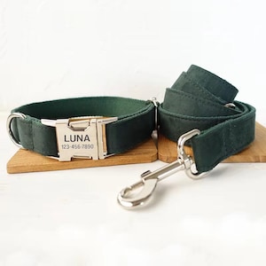 Green Velvet Personalized Dog Collar and Leash - Engraved Suede Dog Collar and Leash - Dark Hunter Emerald Green Dog Collar and Bow Tie