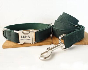 Green Velvet Personalized Dog Collar and Leash - Engraved Suede Dog Collar and Leash - Dark Hunter Emerald Green Dog Collar and Bow Tie