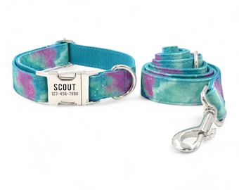 Collar y correa a juego con pajarita y diseño de aurora boreal - Collar y correa personalizados con diseño de galaxia - Conjunto de collar con grabado de aurora boreal