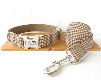 Collar y correa personalizados con cuadros de pastor marrón - Collar, correa y pajarita grabados - Collar para perro niño con cuadros vichy marrón personalizado