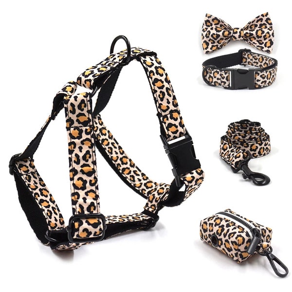 Personalized Leopard Spots Harness Collar Leash Bow Tie Poo Bag Set | Personalised Dog Harness with Leash | Matching Dog Collar and Harness