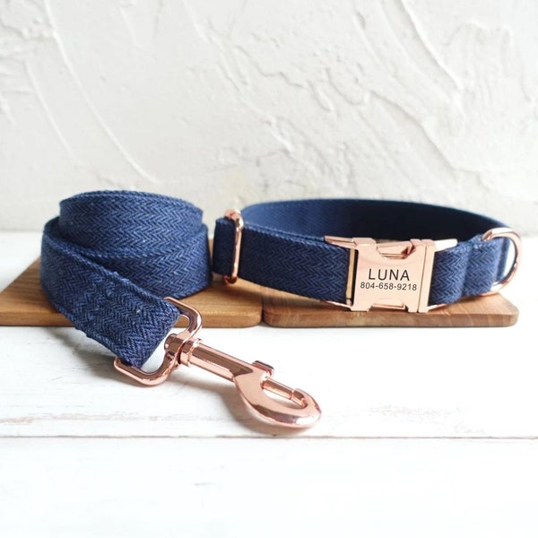 Navy Blue Tweed Personalized Dog Collar and Leash - Wedding Dog Collar and Leash - Suit Linen Dog Collar - Stylish Dog Collar and Bow Tie