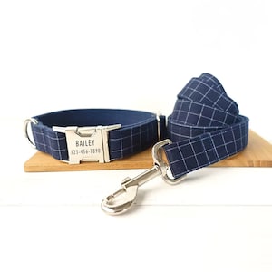 Ensemble collier et laisse pour chien bleu marine avec noeud papillon - Collier pour chien mariage homme écossais bleu et laisse de mathématiques - Collier pour chien personnalisé costume bleu