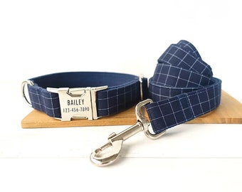 May include: A blue and white checkered dog collar and leash set with a silver buckle and personalized name tag that reads "BAILEY 123-456-7890".