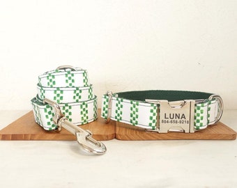 Green Cubes Personalized Dog Collar and Leash - Personalised Dog Collar and Leash - Green Mosaic Customised Dog Collar and Bow Tie