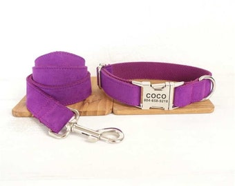 Purple Velvet Personalized Dog Collar and Leash - Personalised Dog Collar and Leash and Bow Tie - Customised Dog Collar - Purple Dog Collar