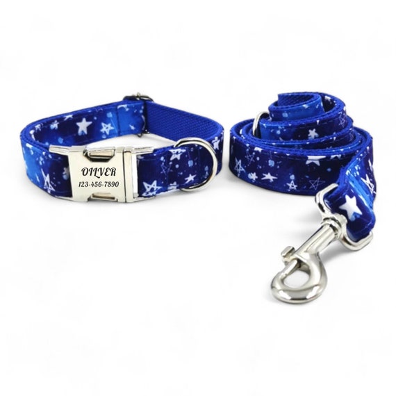 Star Personalized Dog Collar and Leash - Night Sky Stars Collar & Mathing Leash - Blue Dog Collar with Stars - Starry Night Space Dog Collar