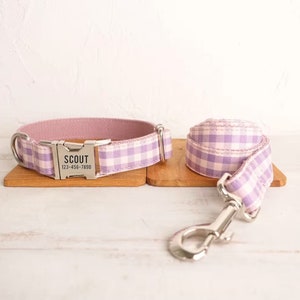Purple & Pink Check Plaid Personalized Dog Collar and Leash - Personalised Dog Collar and Leash - Violet Customised Dog Collar and Bow Tie