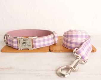 Lila & Pink Karo Karomuster personalisiertes Hundehalsband und Leine - Personalisiertes Hundehalsband und Leine - Violettes Hundehalsband nach Maß und Fliege