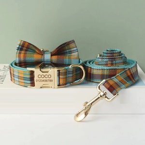 Teal Plaid Personalized Collar and Leash | Checked Dog Collar, Leash and Bow Tie | Plaid Dog Collar | Cute Dog Collar | Madras Plaid Collar