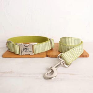 Green Shepherd Check Personalized Dog Collar and Leash - Engraved Dog Collar and Lead - Green Gingham Plaid Customised Dog Collar & Bow Tie