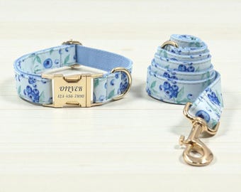 Blueberry Dog Set: Personalized Light Blue Leash & Name Engraved Collar