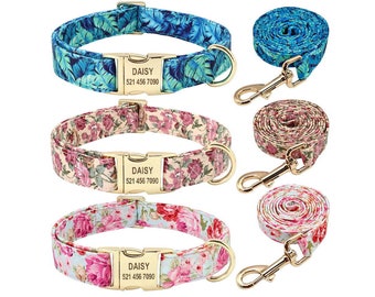 Collier et laisse pour chien personnalisés à motif floral vintage - Collier et laisse pour chien personnalisés